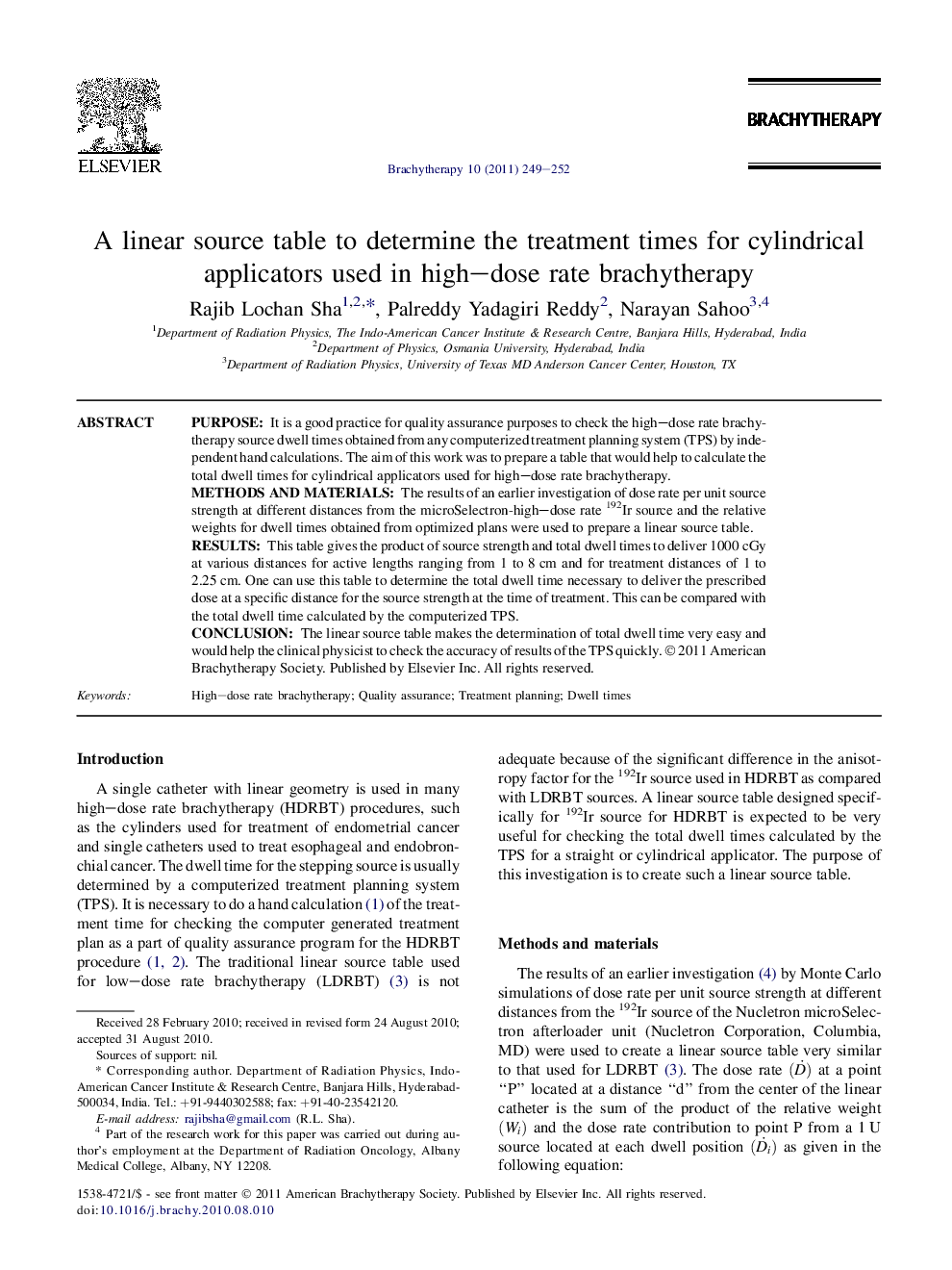 A linear source table to determine the treatment times for cylindrical applicators used in high-dose rate brachytherapy