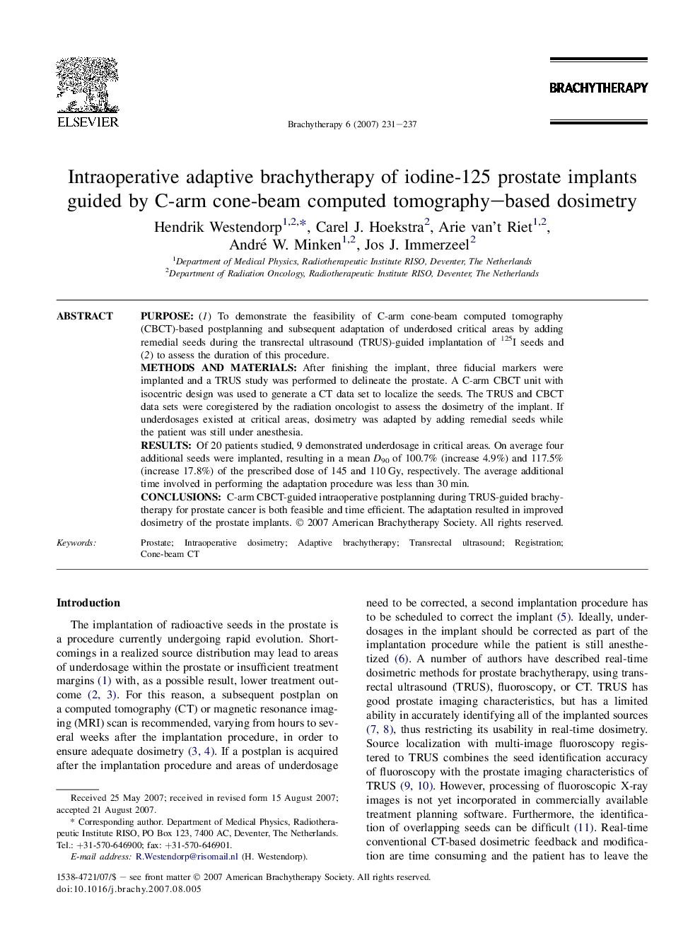 Intraoperative adaptive brachytherapy of iodine-125 prostate implants guided by C-arm cone-beam computed tomography-based dosimetry