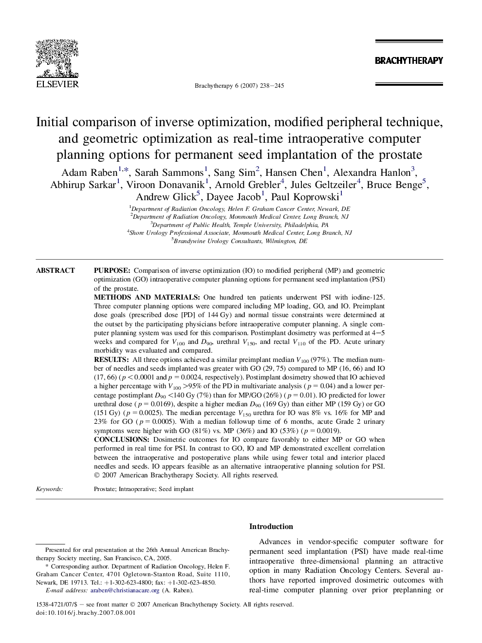 Initial comparison of inverse optimization, modified peripheral technique, and geometric optimization as real-time intraoperative computer planning options for permanent seed implantation of the prostate