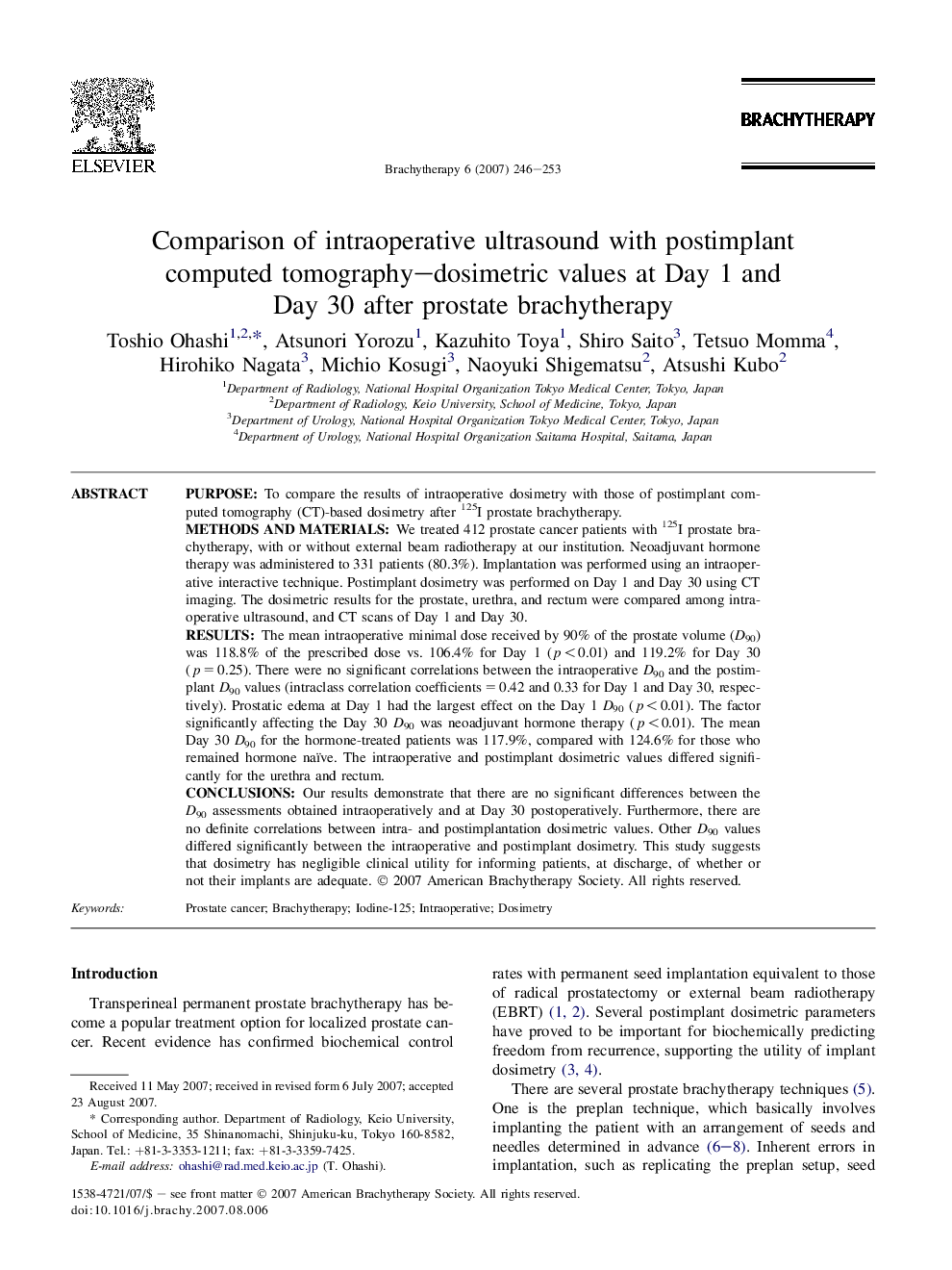 Comparison of intraoperative ultrasound with postimplant computed tomography-dosimetric values at Day 1 and Day 30 after prostate brachytherapy