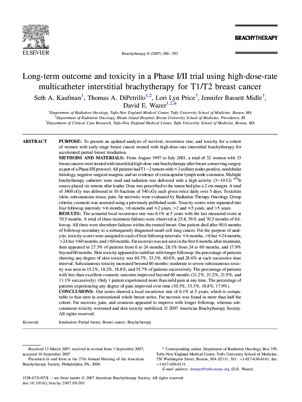 Long-term outcome and toxicity in a Phase I/II trial using high-dose-rate multicatheter interstitial brachytherapy for T1/T2 breast cancer