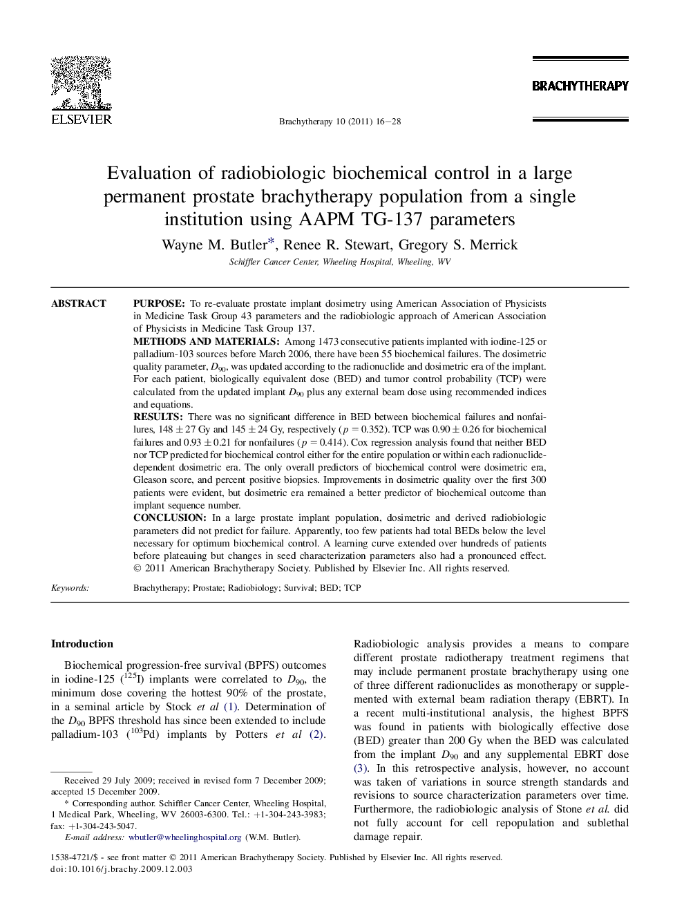 Evaluation of radiobiologic biochemical control in a large permanent prostate brachytherapy population from a single institution using AAPM TG-137 parameters