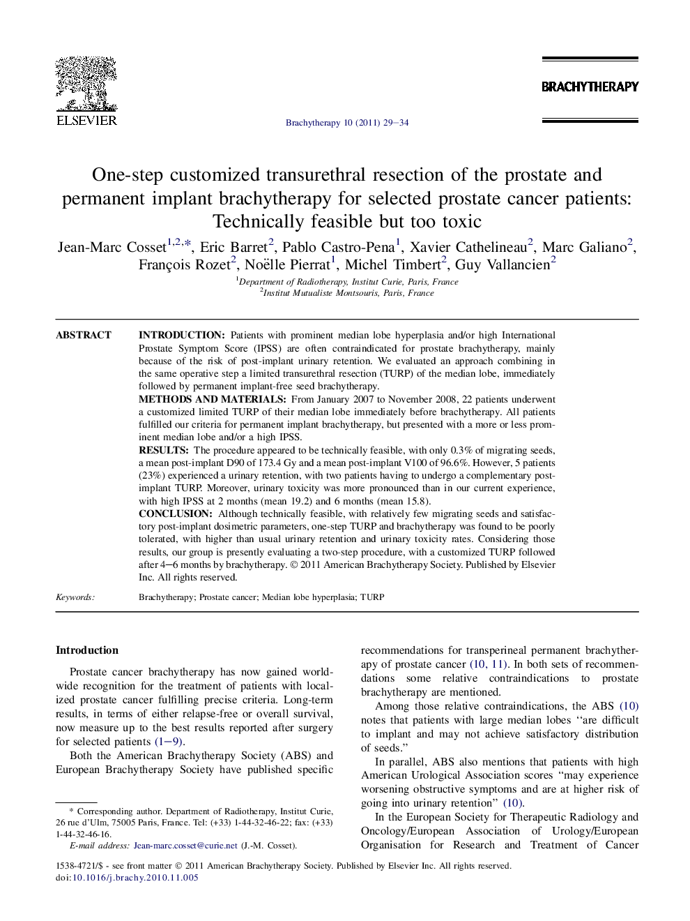 One-step customized transurethral resection of the prostate and permanent implant brachytherapy for selected prostate cancer patients: Technically feasible but too toxic