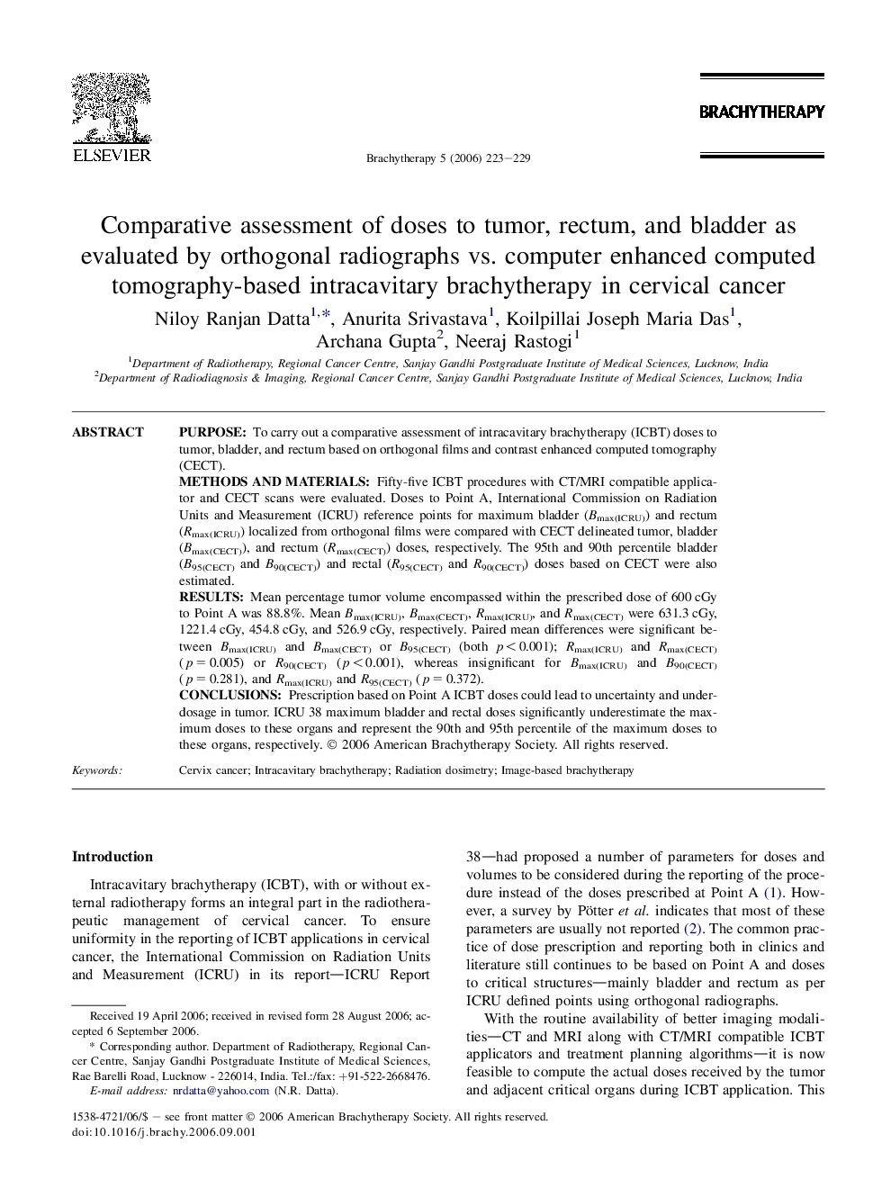 Comparative assessment of doses to tumor, rectum, and bladder as evaluated by orthogonal radiographs vs. computer enhanced computed tomography-based intracavitary brachytherapy in cervical cancer