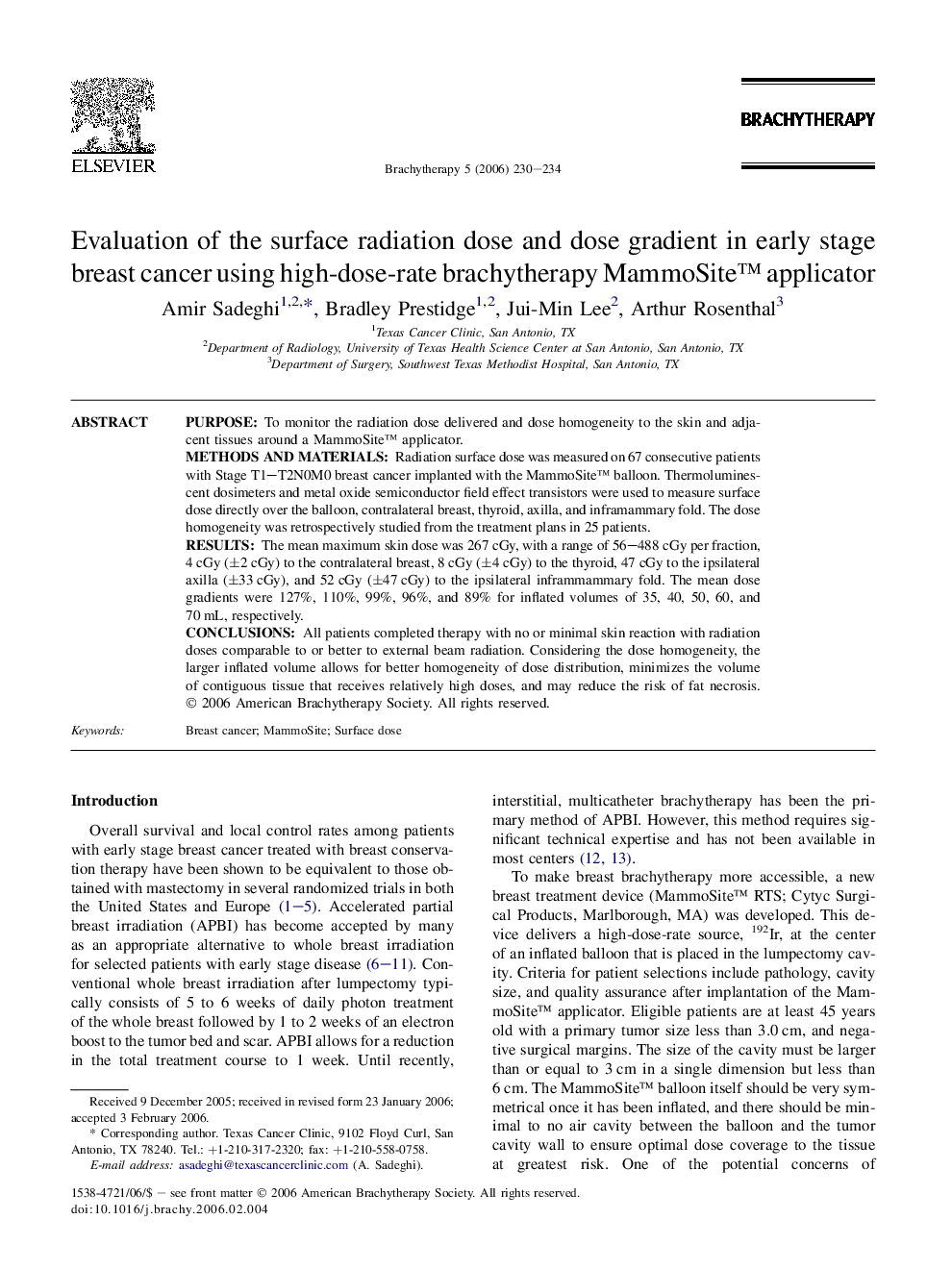 Evaluation of the surface radiation dose and dose gradient in early stage breast cancer using high-dose-rate brachytherapy MammoSiteâ¢ applicator