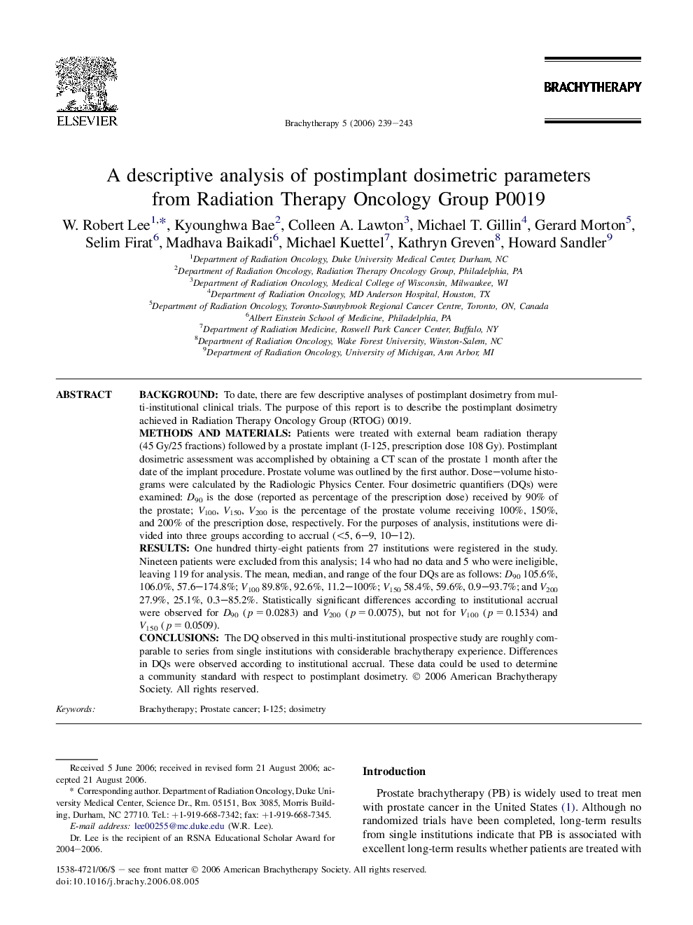 A descriptive analysis of postimplant dosimetric parameters from Radiation Therapy Oncology Group P0019