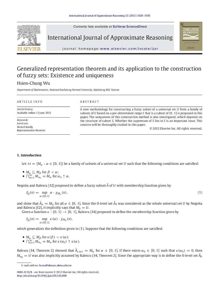 عکس صفحه اول مقاله: Generalized representation theorem and its application to the construction of fuzzy sets: Existence and uniqueness Generalized representation theorem and its application to the construction of fuzzy sets: Existence and uniqueness