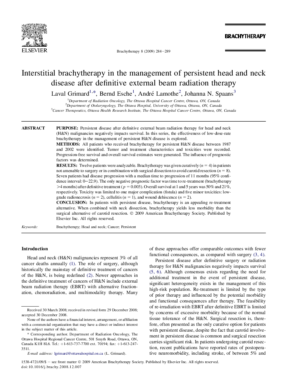 Interstitial brachytherapy in the management of persistent head and neck disease after definitive external beam radiation therapy