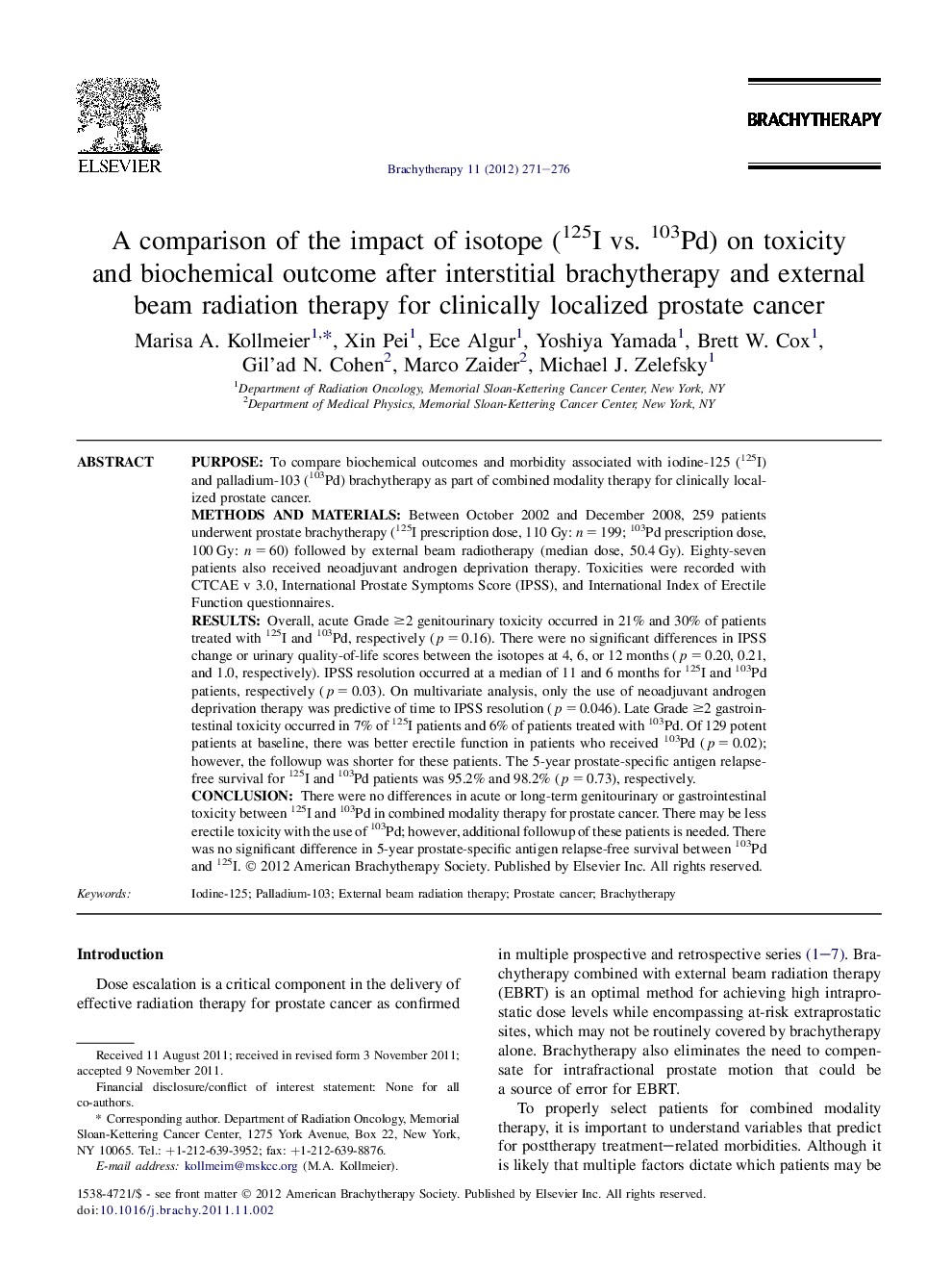 A comparison of the impact of isotope (125I vs. 103Pd) on toxicity and biochemical outcome after interstitial brachytherapy and external beam radiation therapy for clinically localized prostate cancer