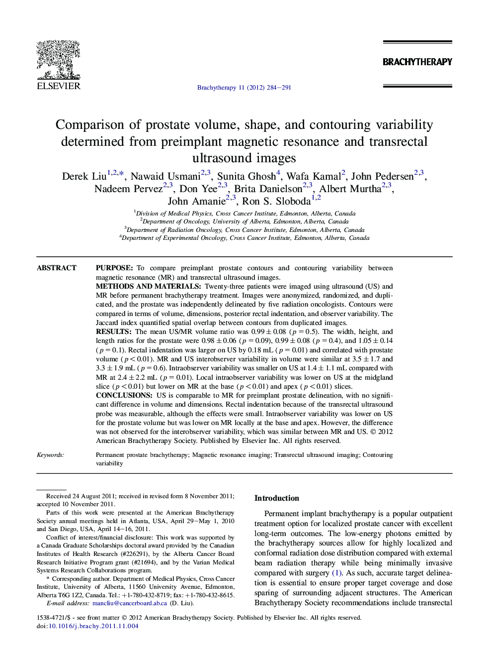 Comparison of prostate volume, shape, and contouring variability determined from preimplant magnetic resonance and transrectal ultrasound images