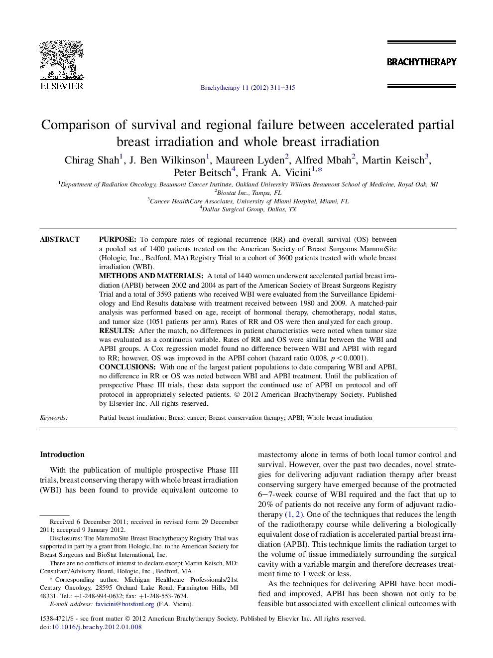 Comparison of survival and regional failure between accelerated partial breast irradiation and whole breast irradiation