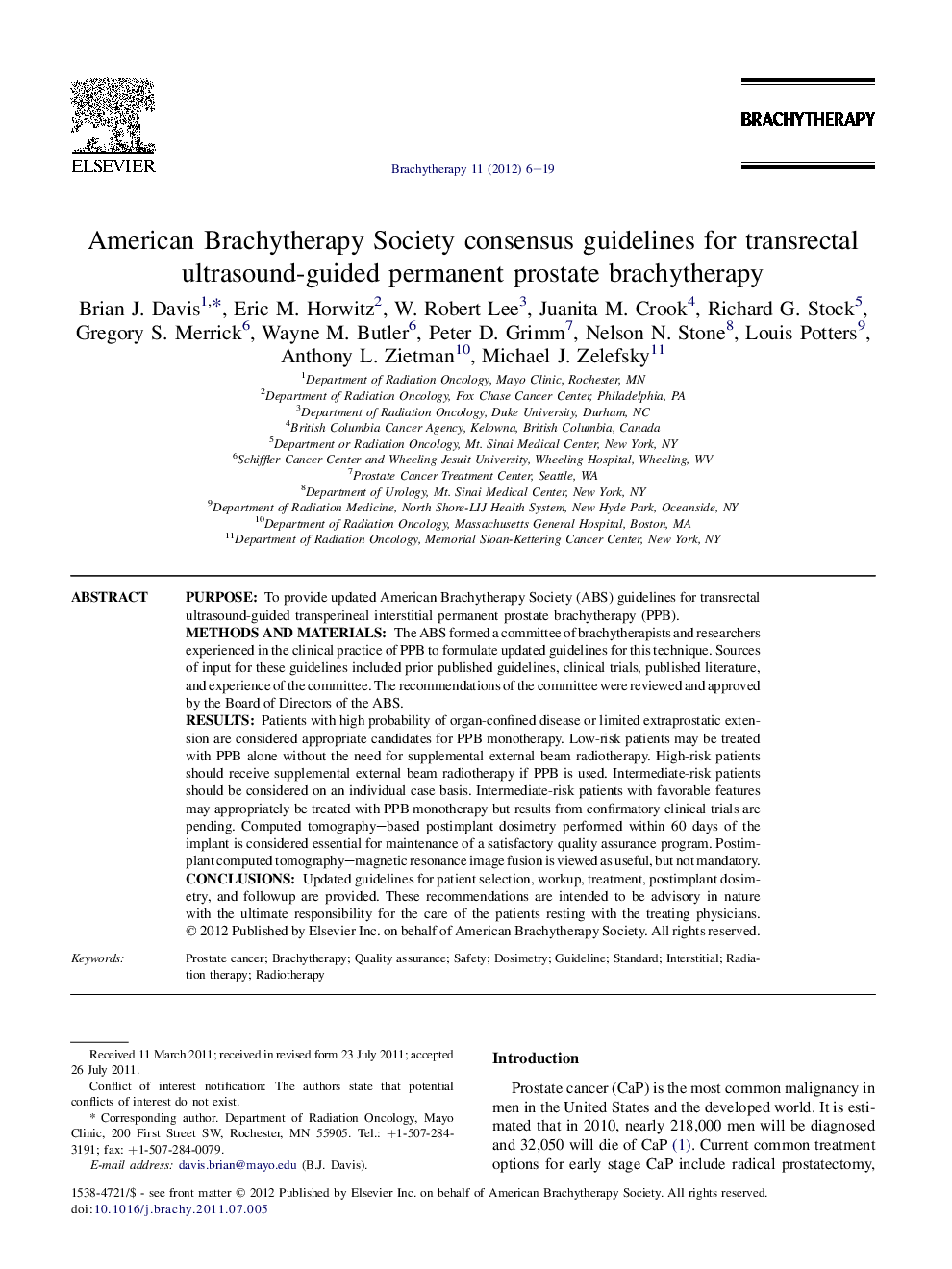 American Brachytherapy Society consensus guidelines for transrectal ultrasound-guided permanent prostate brachytherapy