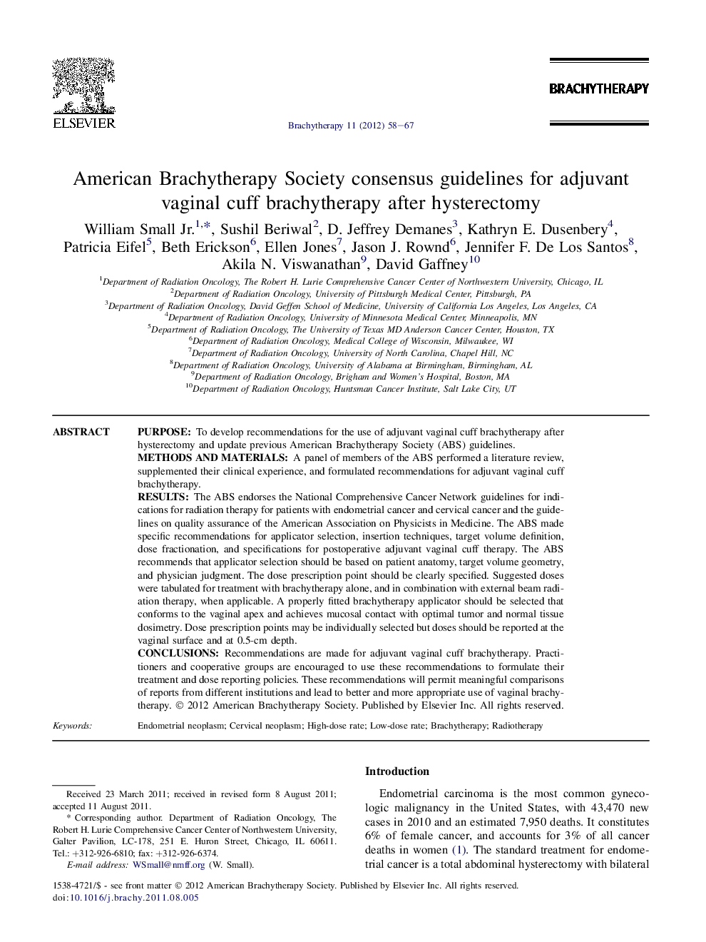 American Brachytherapy Society consensus guidelines for adjuvant vaginal cuff brachytherapy after hysterectomy