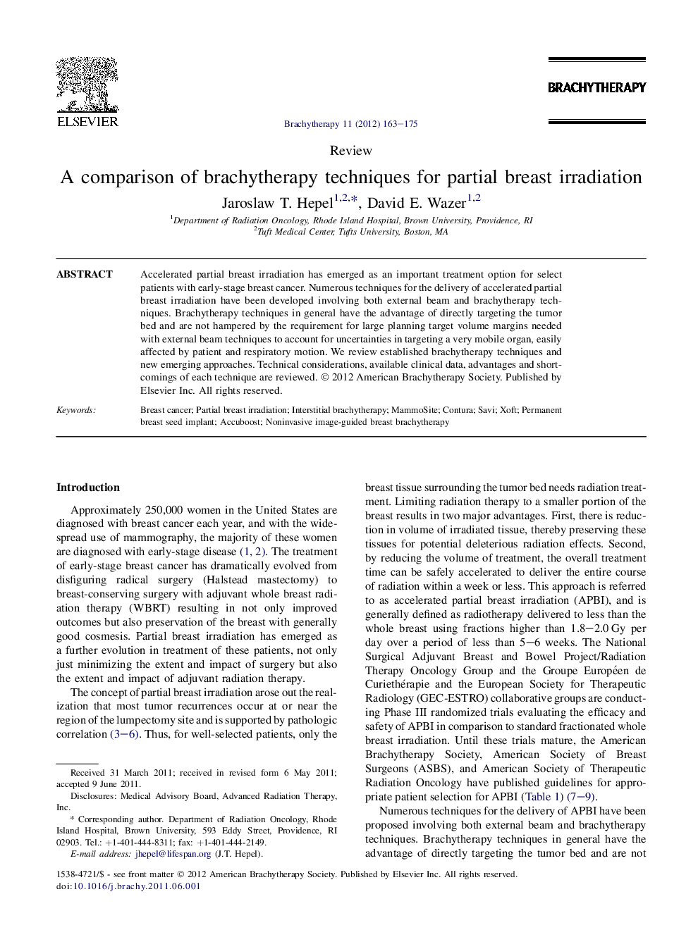 A comparison of brachytherapy techniques for partial breast irradiation