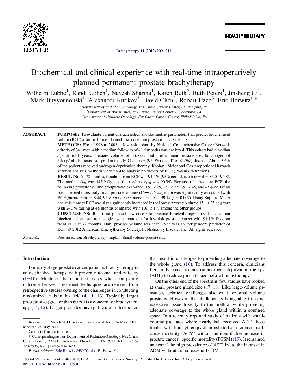 Biochemical and clinical experience with real-time intraoperatively planned permanent prostate brachytherapy