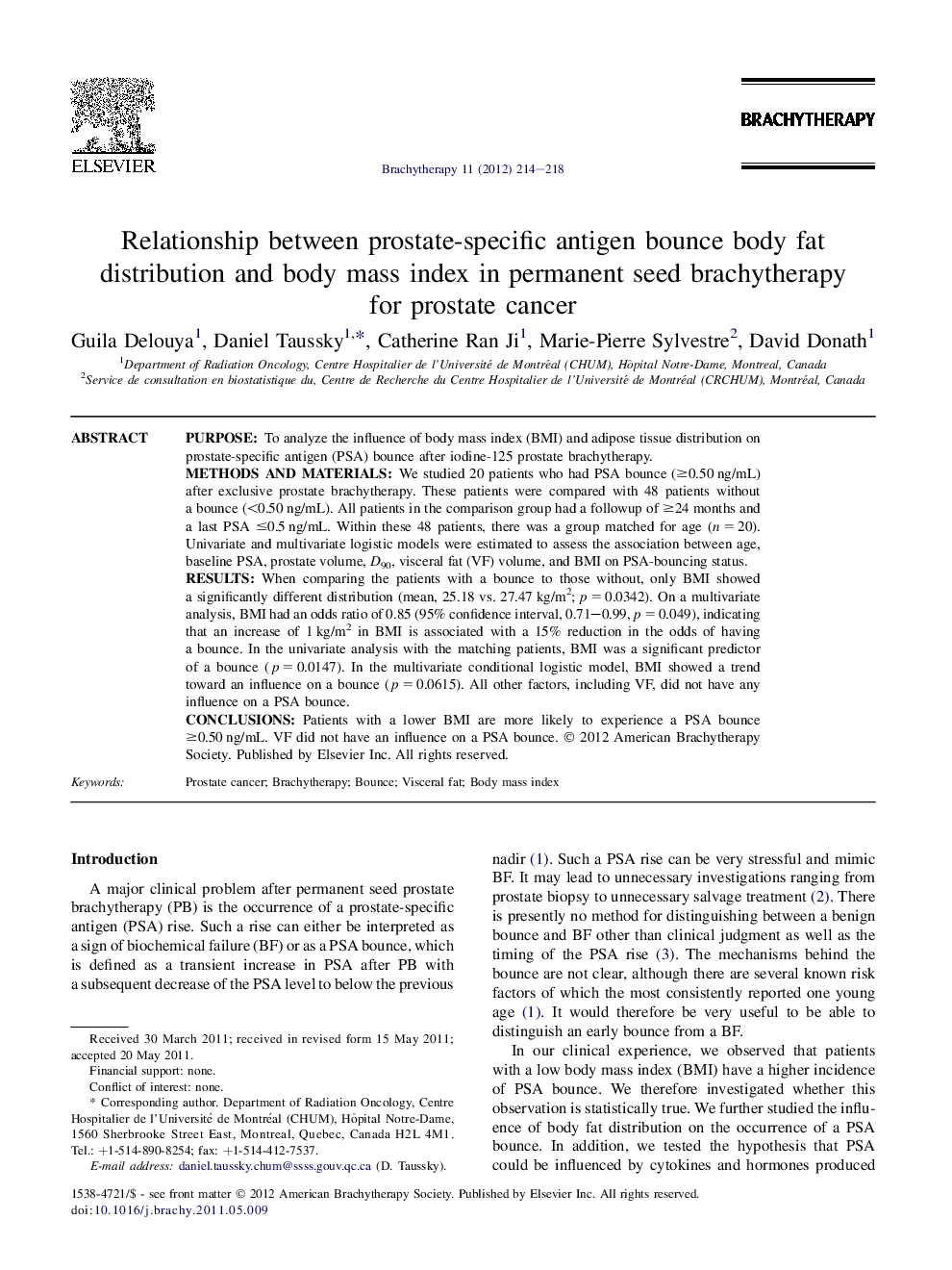 Relationship between prostate-specific antigen bounce body fat distribution and body mass index in permanent seed brachytherapy for prostate cancer