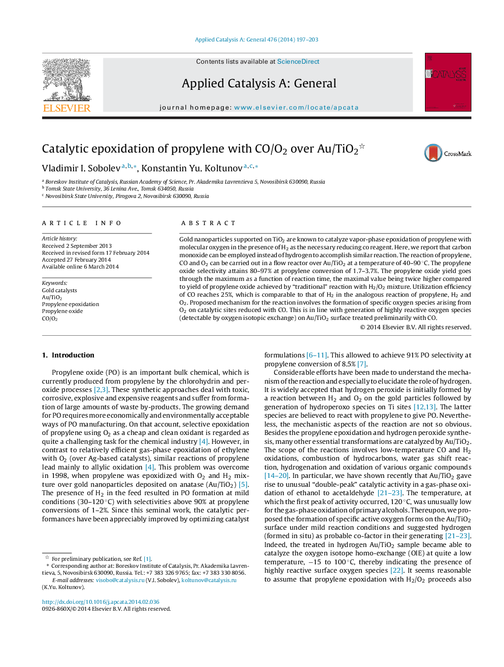 Catalytic epoxidation of propylene with CO/O2 over Au/TiO2