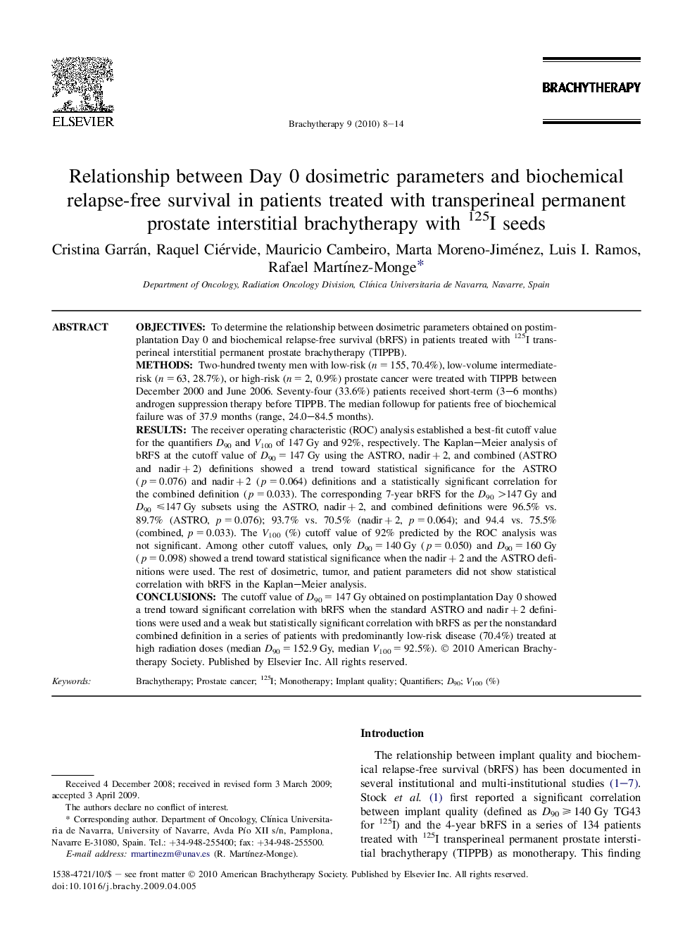 Relationship between Day 0 dosimetric parameters and biochemical relapse-free survival in patients treated with transperineal permanent prostate interstitial brachytherapy with 125I seeds