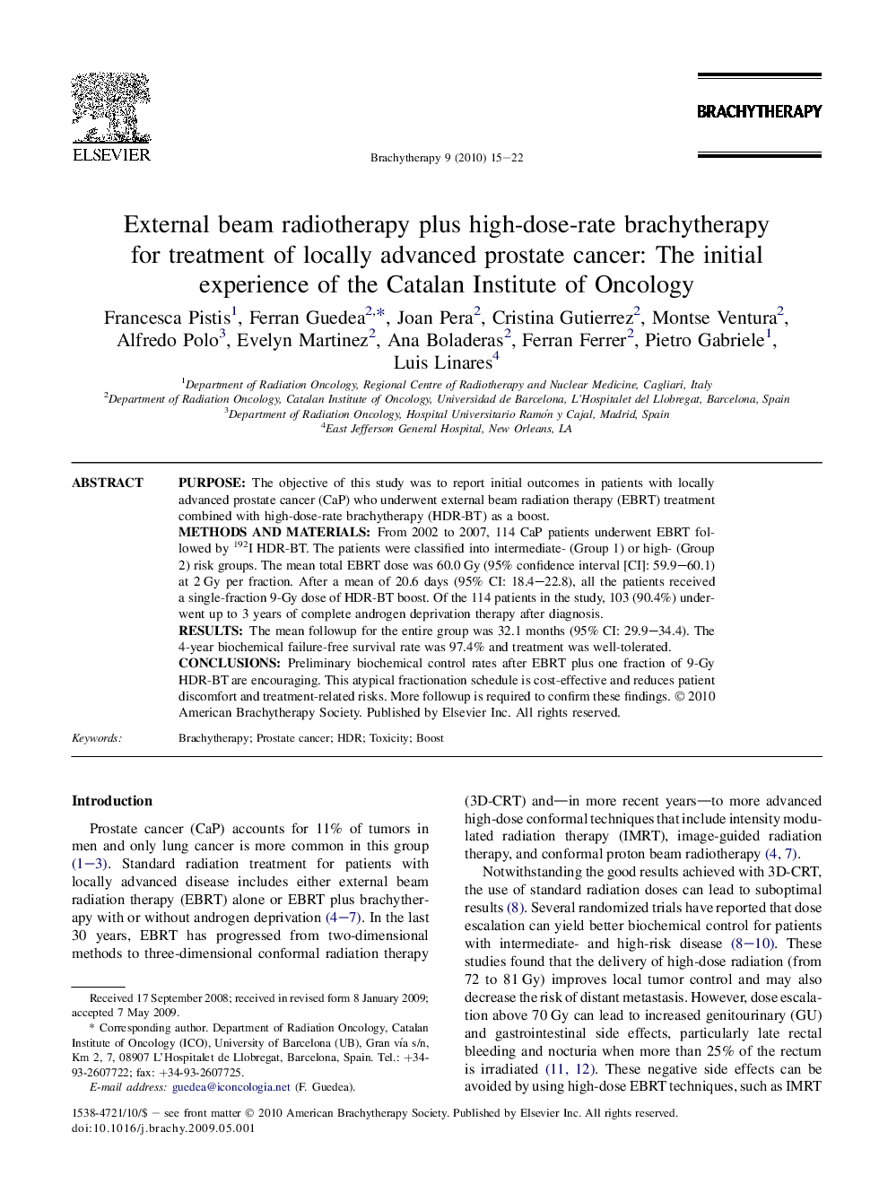 External beam radiotherapy plus high-dose-rate brachytherapy for treatment of locally advanced prostate cancer: The initial experience of the Catalan Institute of Oncology