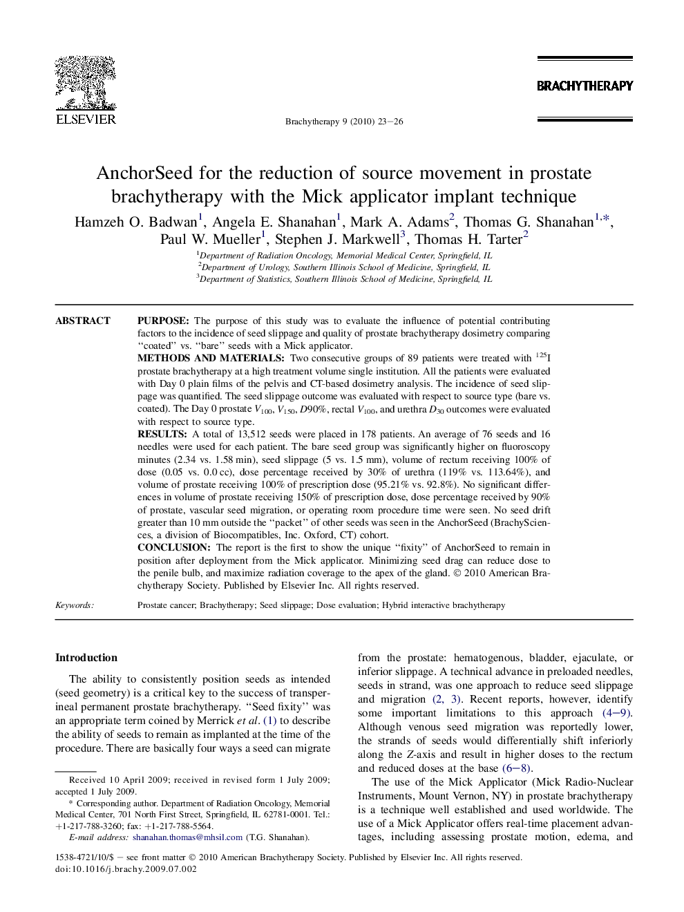 AnchorSeed for the reduction of source movement in prostate brachytherapy with the Mick applicator implant technique