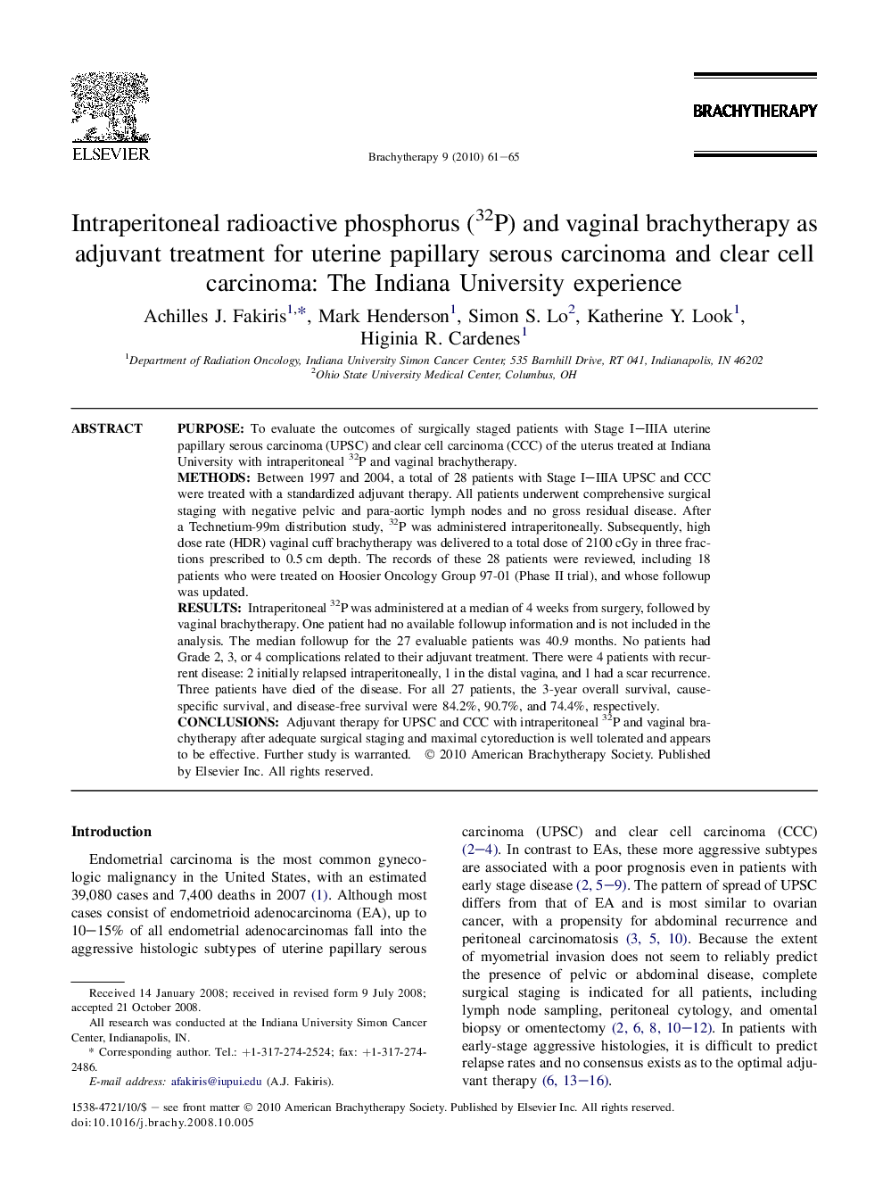 Intraperitoneal radioactive phosphorus (32P) and vaginal brachytherapy as adjuvant treatment for uterine papillary serous carcinoma and clear cell carcinoma: The Indiana University experience