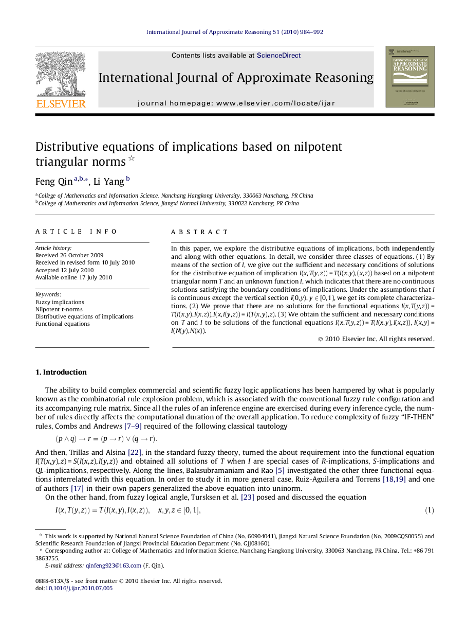 Distributive equations of implications based on nilpotent triangular norms 