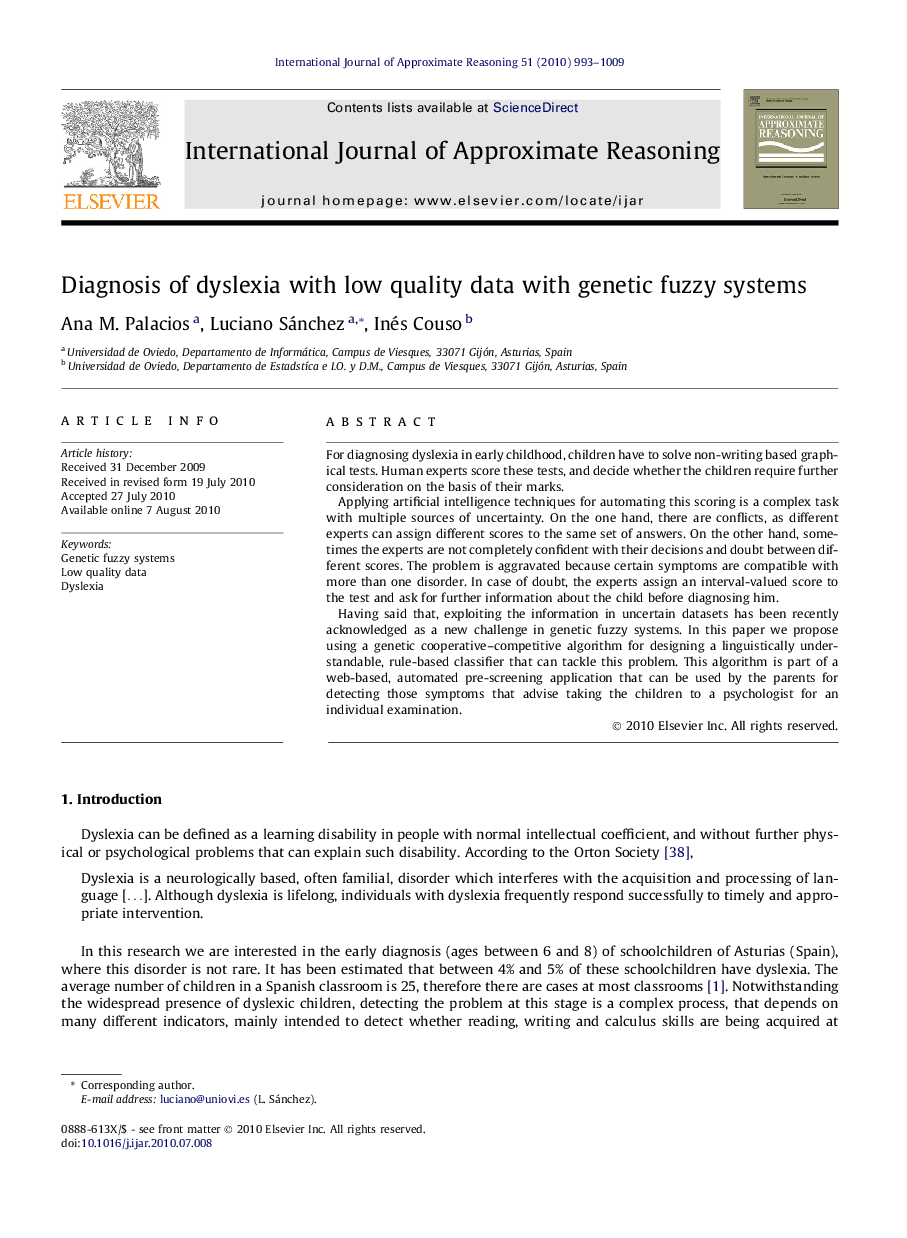 Diagnosis of dyslexia with low quality data with genetic fuzzy systems