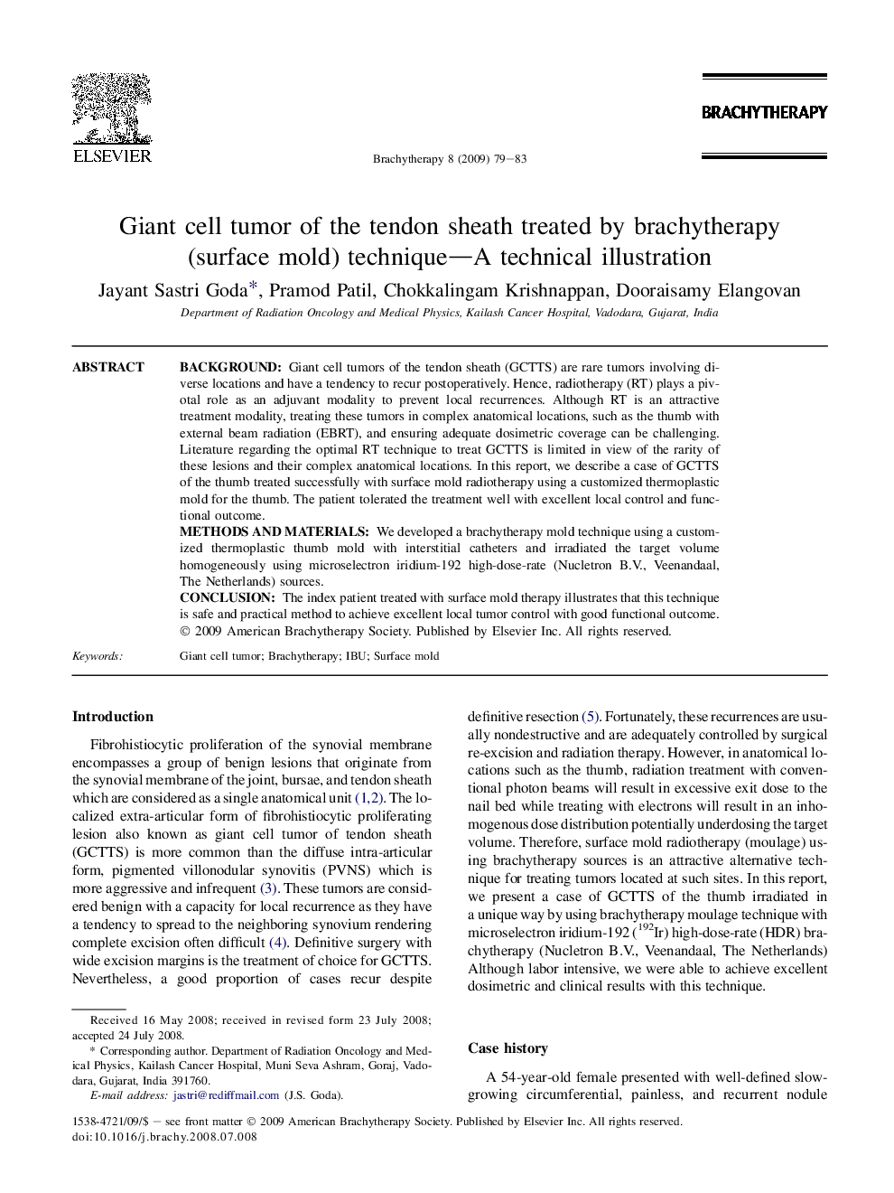 Giant cell tumor of the tendon sheath treated by brachytherapy (surface mold) technique-A technical illustration