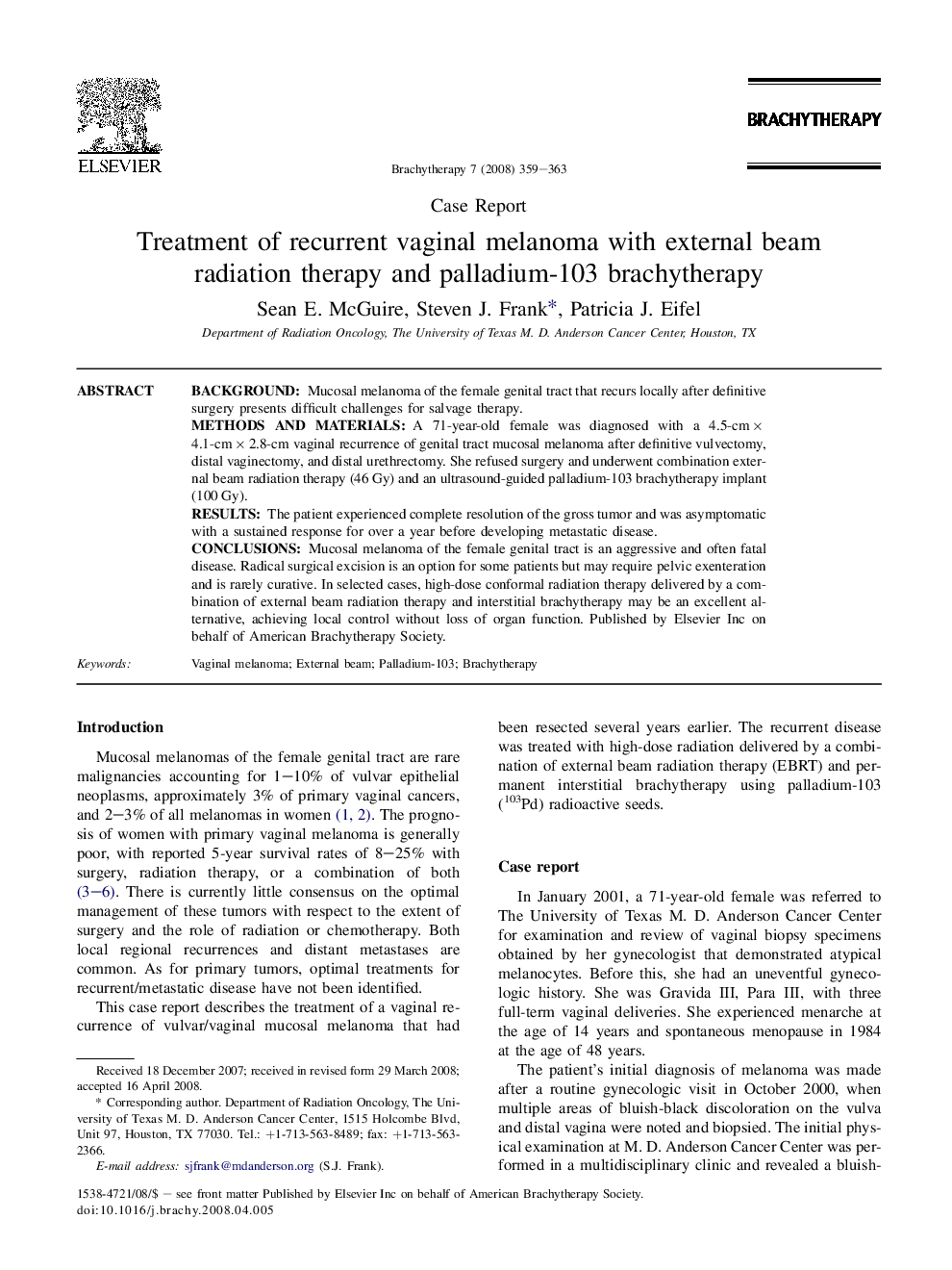 Treatment of recurrent vaginal melanoma with external beam radiation therapy and palladium-103 brachytherapy