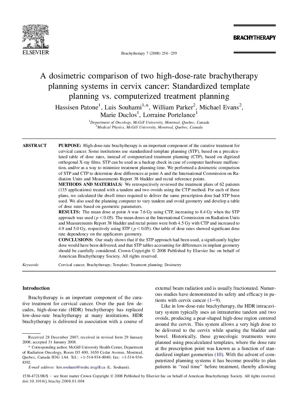 A dosimetric comparison of two high-dose-rate brachytherapy planning systems in cervix cancer: Standardized template planning vs. computerized treatment planning