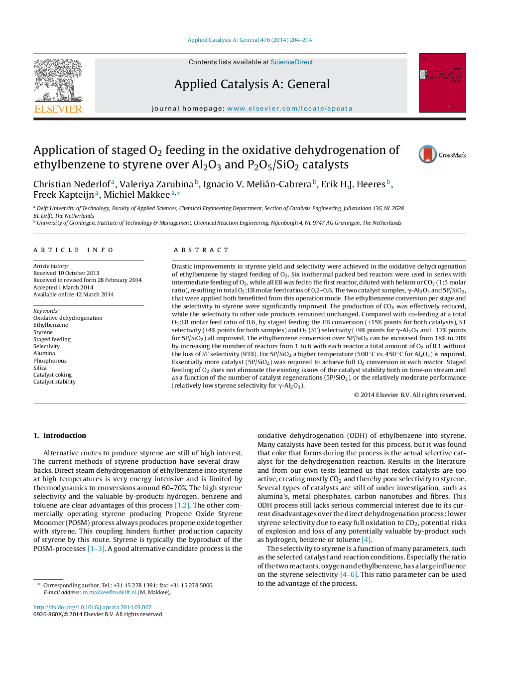 Application of staged O2 feeding in the oxidative dehydrogenation of ethylbenzene to styrene over Al2O3 and P2O5/SiO2 catalysts