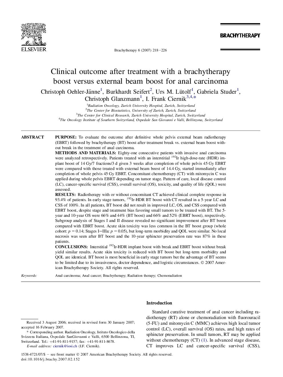 Clinical outcome after treatment with a brachytherapy boost versus external beam boost for anal carcinoma