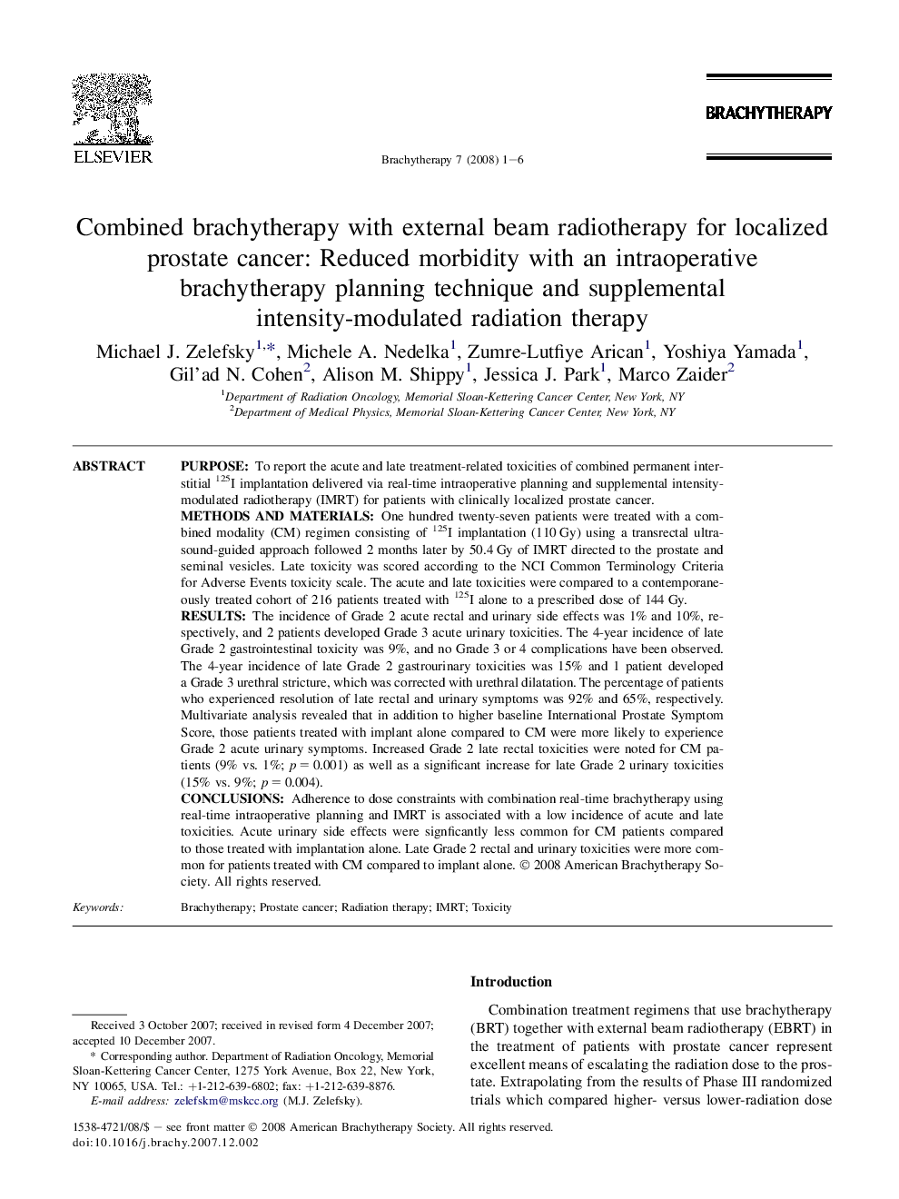 Combined brachytherapy with external beam radiotherapy for localized prostate cancer: Reduced morbidity with an intraoperative brachytherapy planning technique and supplemental intensity-modulated radiation therapy