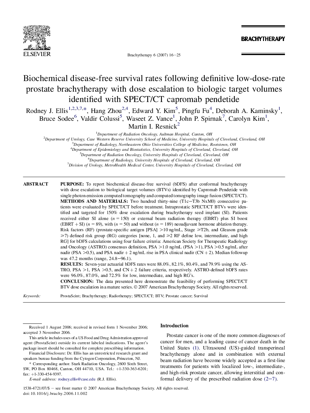 Biochemical disease-free survival rates following definitive low-dose-rate prostate brachytherapy with dose escalation to biologic target volumes identified with SPECT/CT capromab pendetide