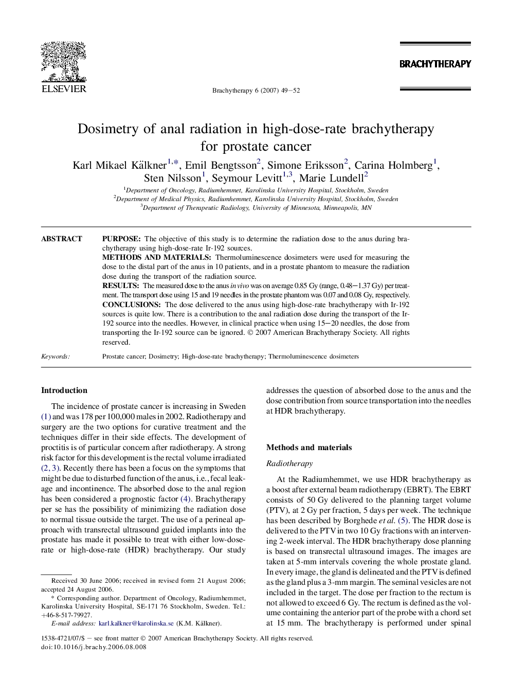 Dosimetry of anal radiation in high-dose-rate brachytherapy for prostate cancer