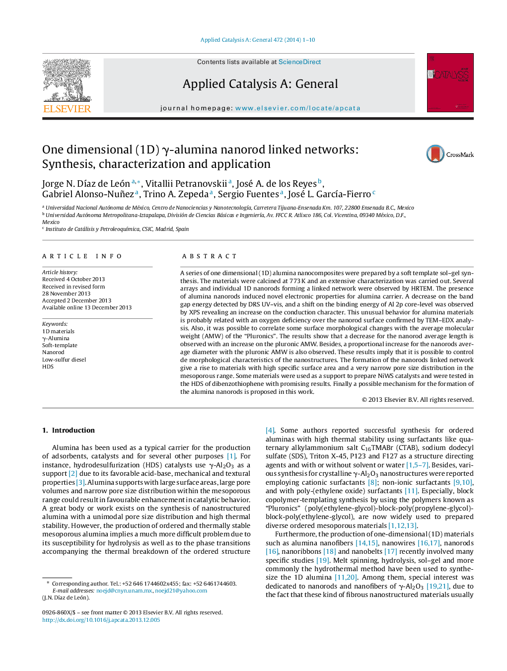 One dimensional (1D) γ-alumina nanorod linked networks: Synthesis, characterization and application