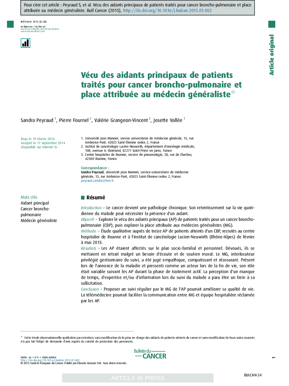 Vécu des aidants principaux de patients traités pour cancer broncho-pulmonaire et place attribuée au médecin généraliste