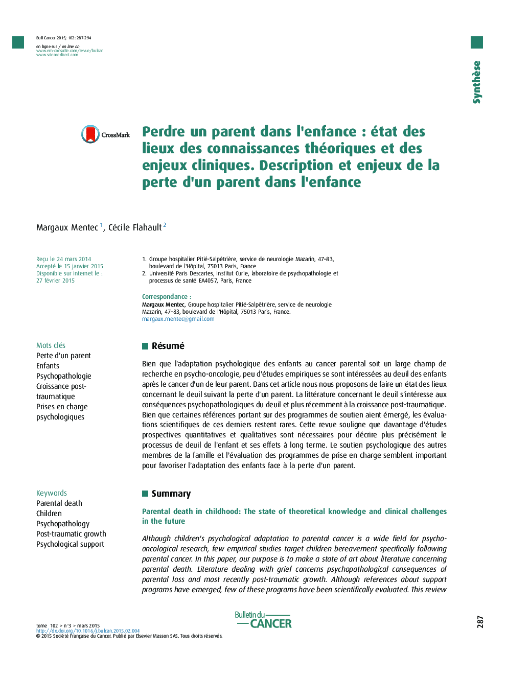 Perdre un parent dans l'enfanceÂ : état des lieux des connaissances théoriques et des enjeux cliniques. Description et enjeux de la perte d'un parent dans l'enfance