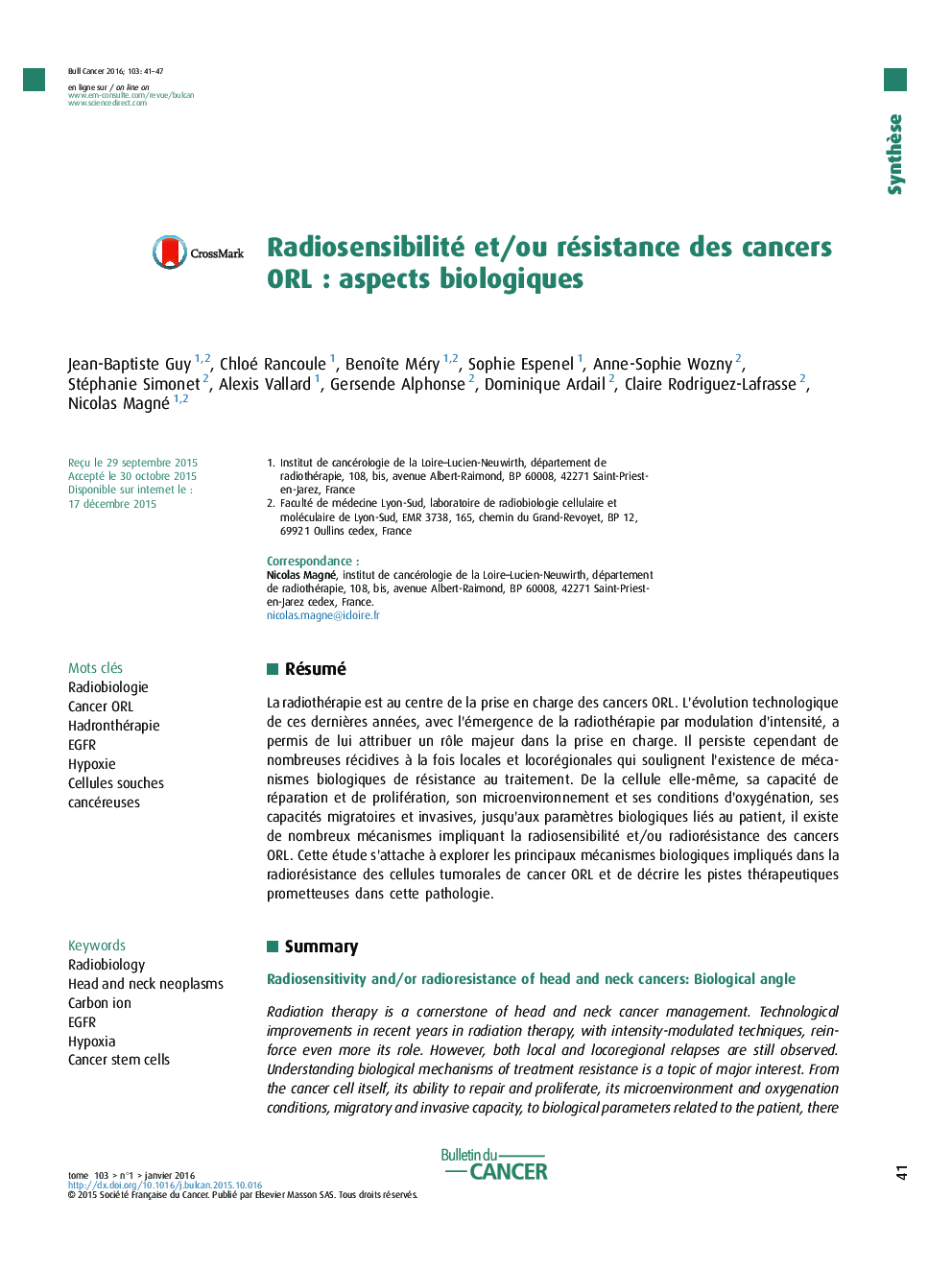 Radiosensibilité et/ou résistance des cancers ORLÂ : aspects biologiques