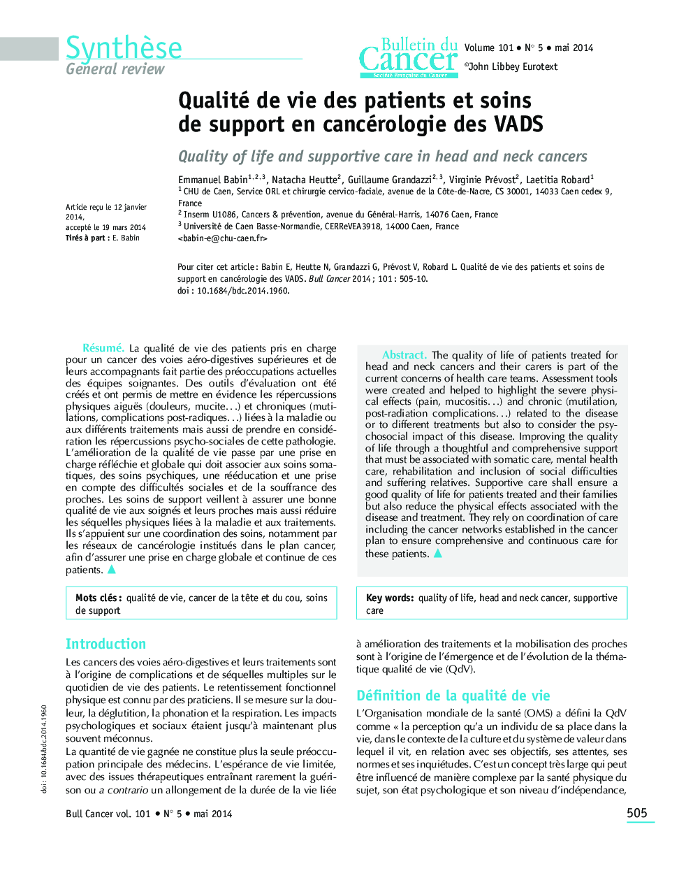 Qualité de vie des patients et soins de support en cancérologie des VADS