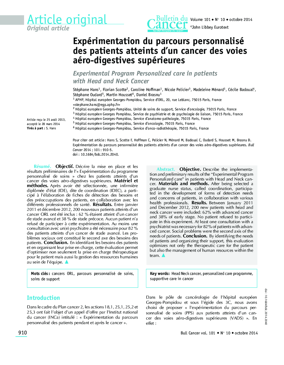 Expérimentation du parcours personnalisé des patients atteints d'un cancer des voies aéro-digestives supérieures