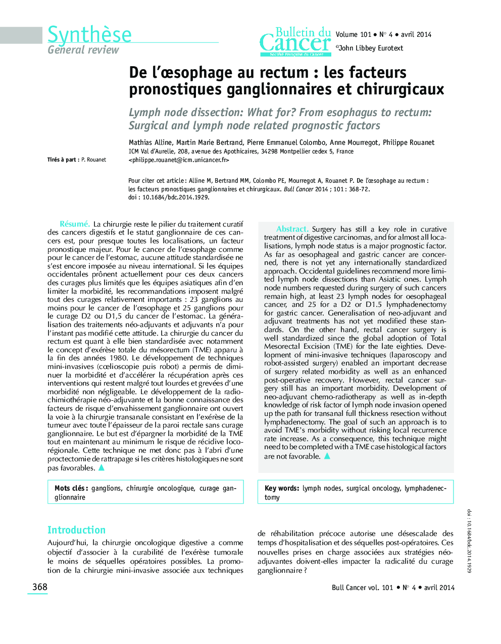 De l'Åsophage au rectum : les facteurs pronostiques ganglionnaires et chirurgicaux