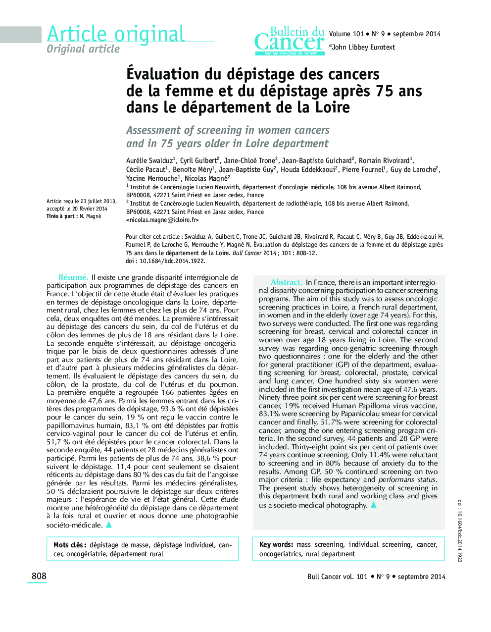 Ãvaluation du dépistage des cancers de la femme et du dépistage aprÃ¨s 75 ans dans le département de la Loire