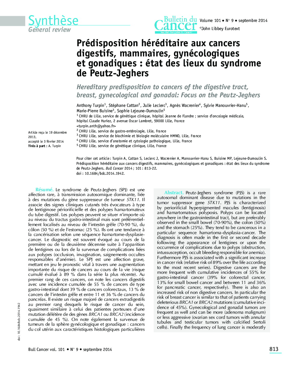 Prédisposition héréditaire aux cancers digestifs, mammaires, gynécologiques et gonadiques : état des lieux du syndrome de Peutz-Jeghers