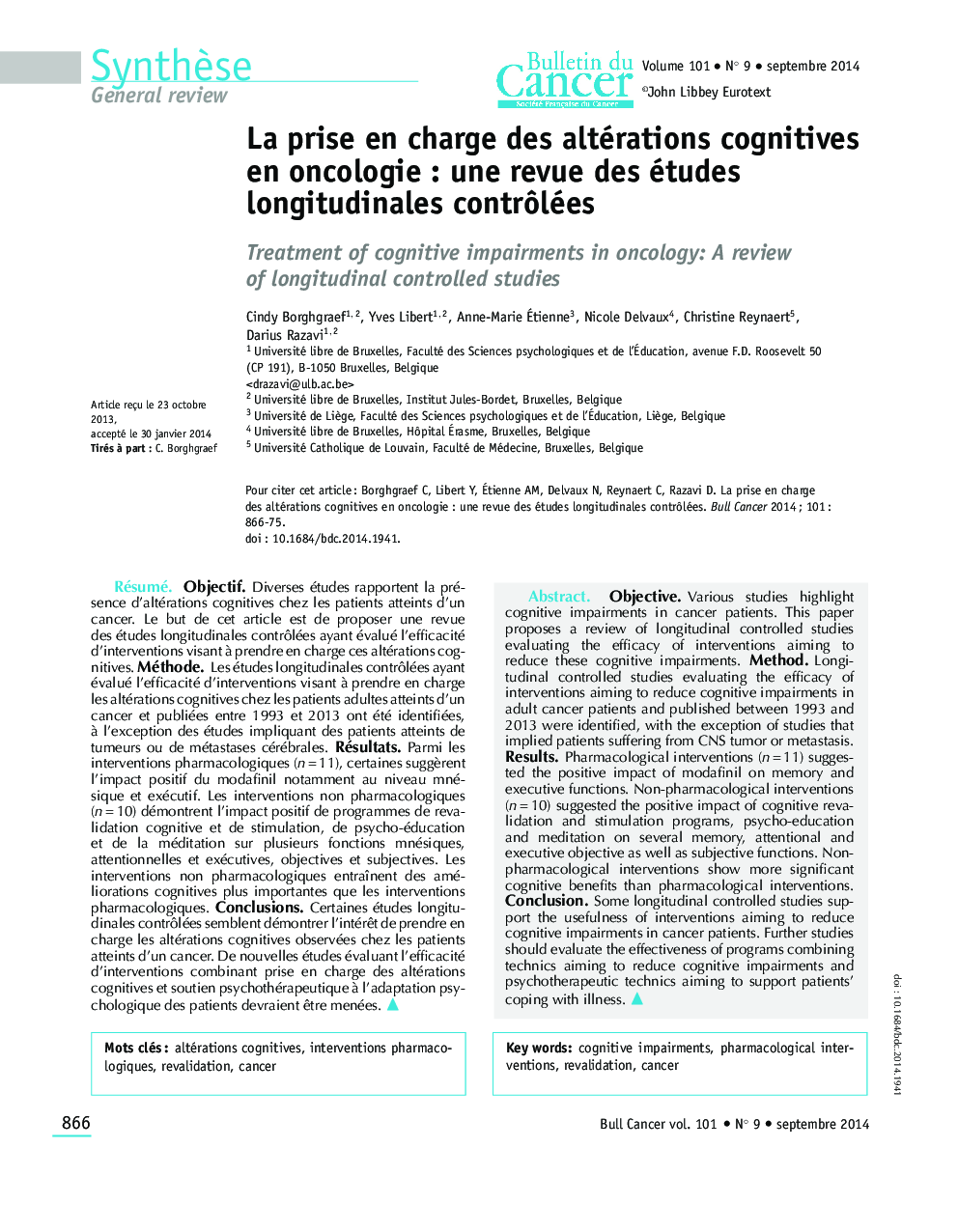 La prise en charge des altérations cognitives en oncologie: une revue des études longitudinales contrÃ´lées