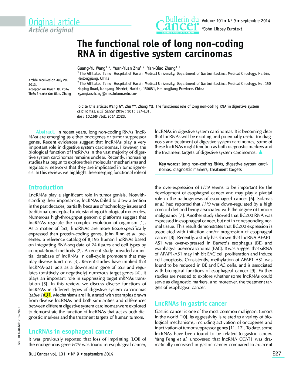 The functional role of long non-coding RNA in digestive system carcinomas