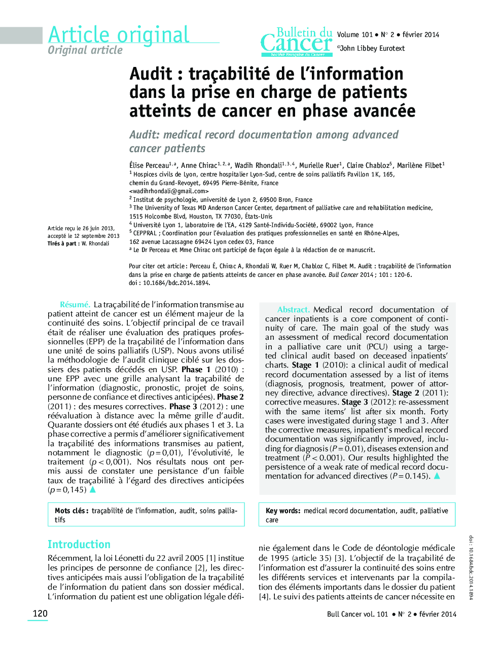 Audit : traçabilité de l'information dans la prise en charge de patients atteints de cancer en phase avancée