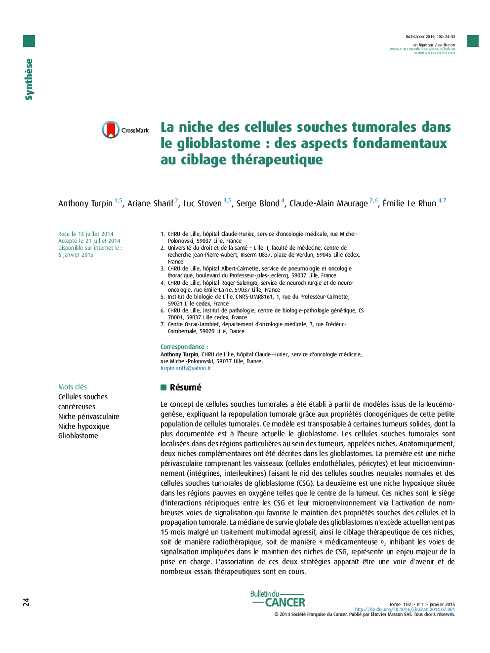 La niche des cellules souches tumorales dans le glioblastomeÂ : des aspects fondamentaux au ciblage thérapeutique