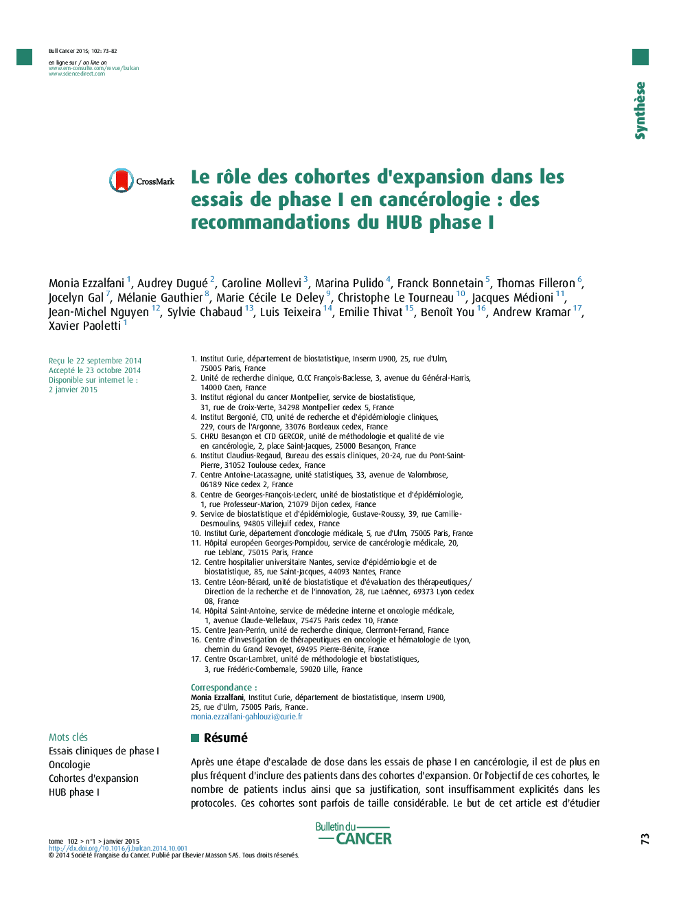 Le rÃ´le des cohortes d'expansion dans les essais de phase I en cancérologieÂ : des recommandations du HUB phase I