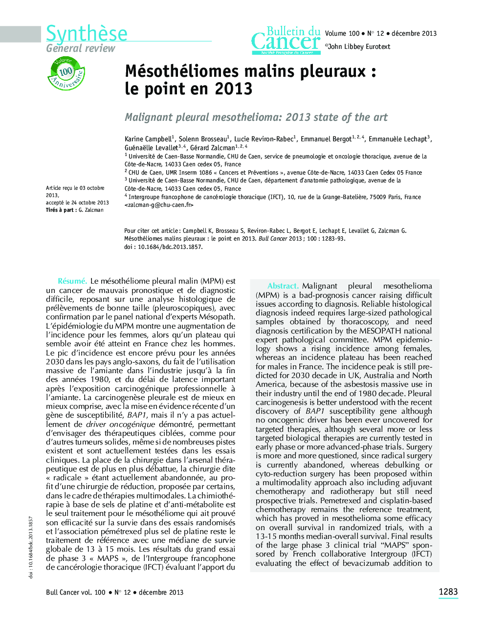 Mésothéliomes malins pleuraux : le point en 2013